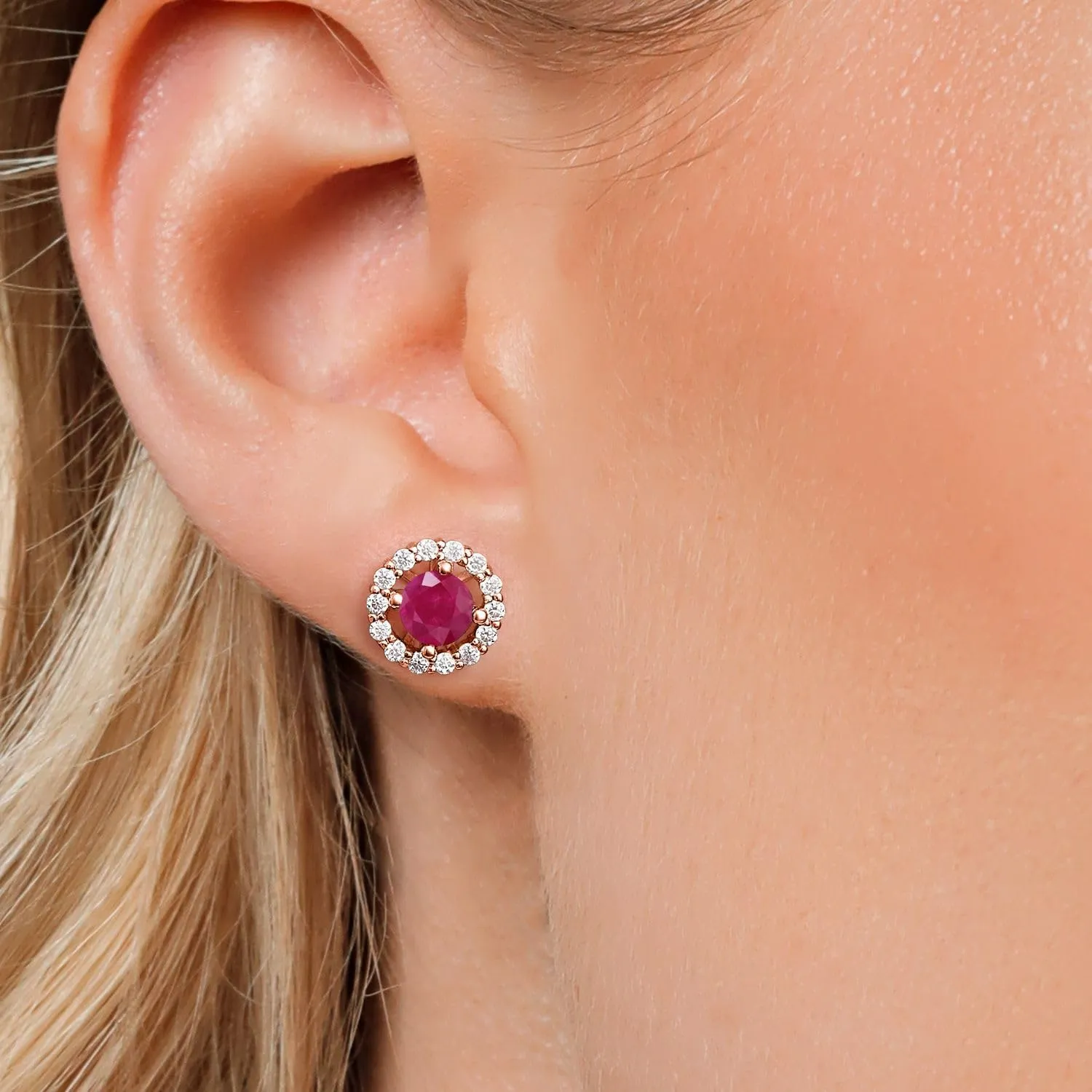 Gem Stone King 18K Rose Gold Plated Silver Gemstone Birthstone and White Moissanite Earrings | Studs with Removable Jackets for Women | Center Round 5MM