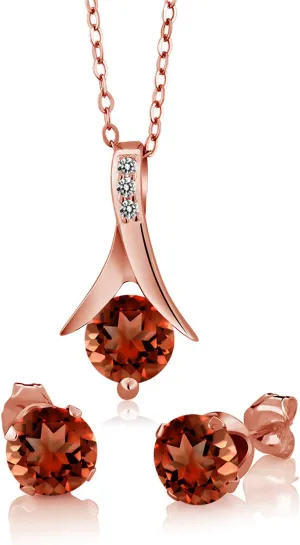 Gem Stone King 18K Rose Gold Plated Silver Red Garnet and White Diamond Pendant and Earrings Jewelry Set For Women (3.05 Cttw, Round 6MM, with 18 Inch Chain)