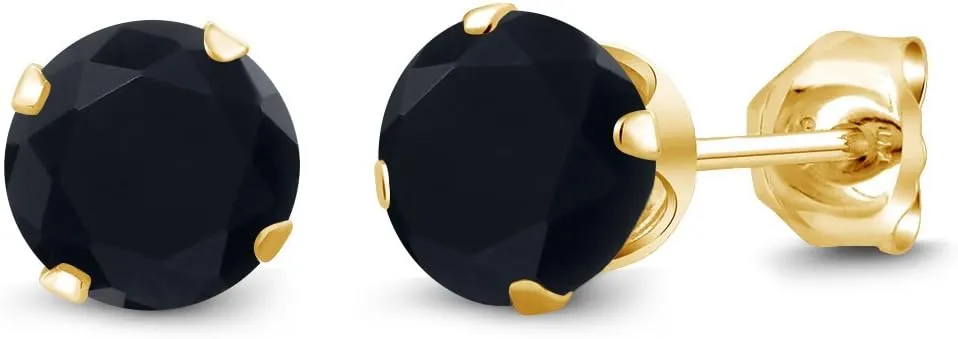 Gem Stone King 18K Yellow Gold Plated Silver Black Onyx Stud Earrings For Women Men (0.92 Cttw, Gemstone Birthstone, Round 5MM)