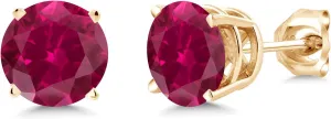 Gem Stone King 18K Yellow Gold Plated Silver Created Red Ruby Stud Earrings For Women Men | 2.00 Cttw | Round 6MM