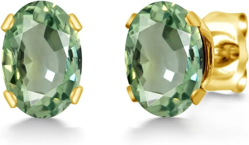 Gem Stone King 18K Yellow Gold Plated Silver Green Sapphire Stud Earrings For Women Men | 1.10 Cttw | Gemstone September Birthstone | Oval 6X4MM