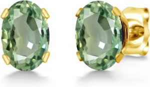 Gem Stone King 18K Yellow Gold Plated Silver Green Sapphire Stud Earrings For Women Men | 1.10 Cttw | Gemstone September Birthstone | Oval 6X4MM