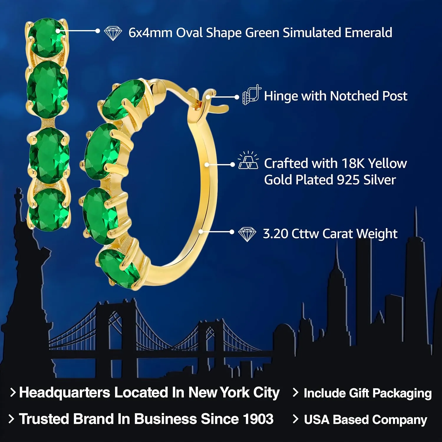 Gem Stone King 18K Yellow Gold Plated Silver Oval Gemstone Birthstone Hoop Earrings For Women | Oval 6X4MM | 22MM = 0.85 Inch | Gold Hoop Earrings | Fine Jewelry Gifts for Her Mom Women Wife