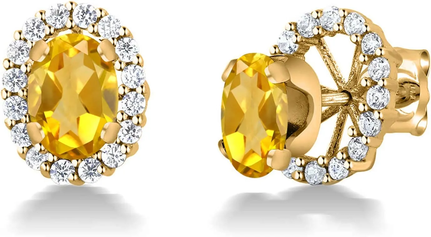 Gem Stone King 18K Yellow Gold Plated Silver Oval Yellow Citrine Removable Jacket Stud Earrings For Women | 1.50 Cttw | Gemstone Birthstone | Oval 7X5MM