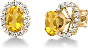 Gem Stone King 18K Yellow Gold Plated Silver Oval Yellow Citrine Removable Jacket Stud Earrings For Women | 1.50 Cttw | Gemstone Birthstone | Oval 7X5MM