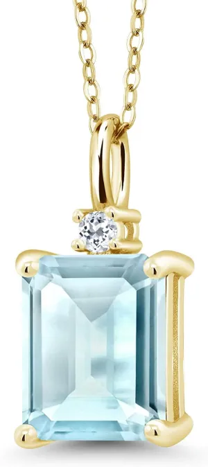 Gem Stone King 18K Yellow Gold Plated Silver Sky Blue Topaz and White Topaz Pendant Necklace For Women (4.04 Cttw, Gemstone November Birthstone, Emerald Cut 10X8MM with 18 Inch Silver Chain)