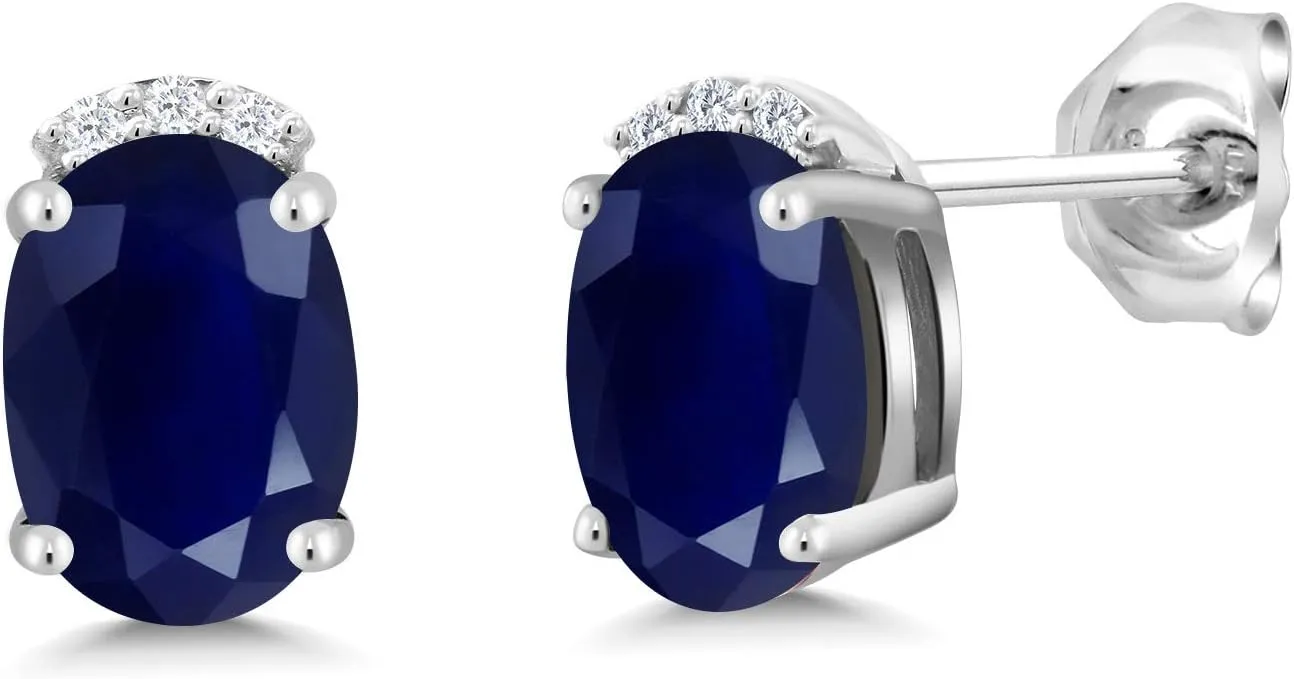 Gem Stone King 2.08 Cttw Blue Sapphire and Round White Lab Grown Diamond Earrings For Women | 925 Sterling Silver | Gemstone Birthstone | Oval 7X5MM
