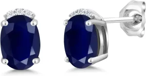 Gem Stone King 2.08 Cttw Blue Sapphire and Round White Lab Grown Diamond Earrings For Women | 925 Sterling Silver | Gemstone Birthstone | Oval 7X5MM