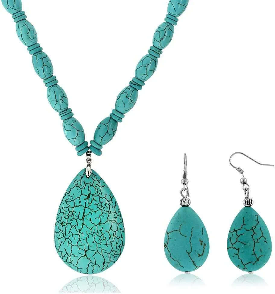 Gem Stone King 22 Inch Blue Simulated Turquoise Howlite Necklace with Drop Shape Pendant and Earring Set For Women