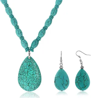 Gem Stone King 22 Inch Blue Simulated Turquoise Howlite Necklace with Drop Shape Pendant and Earring Set For Women