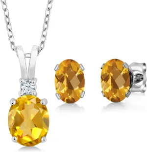 Gem Stone King 2.85 Cttw Yellow Citrine Pendant and Earrings Jewelry Set For Women In 925 Sterling Silver | Gemstone Birthstone | Oval 8X6MM and 7X5MM | With 18 Inch Silver Chain