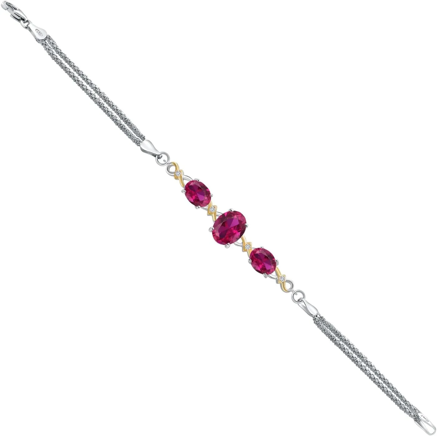 Gem Stone King 925 Silver and 10K Yellow Gold Red Created Ruby and White Lab Grown Diamond Bracelet For Women (5.76 Cttw, Oval 10X8MM and 8X6MM, 6.5/7/7.5 Inch, Made in Italy)