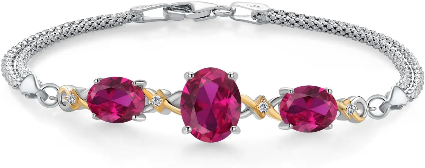 Gem Stone King 925 Silver and 10K Yellow Gold Red Created Ruby and White Lab Grown Diamond Bracelet For Women (5.76 Cttw, Oval 10X8MM and 8X6MM, 6.5/7/7.5 Inch, Made in Italy)