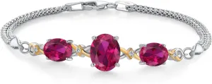 Gem Stone King 925 Silver and 10K Yellow Gold Red Created Ruby and White Lab Grown Diamond Bracelet For Women (5.76 Cttw, Oval 10X8MM and 8X6MM, 6.5/7/7.5 Inch, Made in Italy)