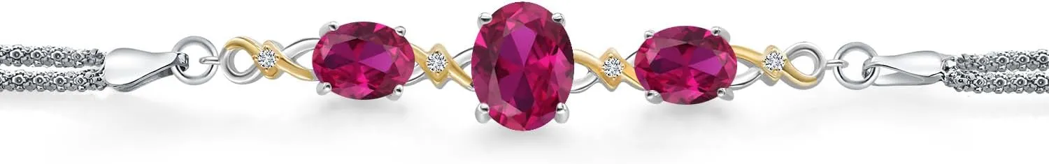 Gem Stone King 925 Silver and 10K Yellow Gold Red Created Ruby and White Lab Grown Diamond Bracelet For Women (5.76 Cttw, Oval 10X8MM and 8X6MM, 6.5/7/7.5 Inch, Made in Italy)