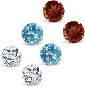 Gem Stone King 925 Sterling Silver 4MM Blue Topaz, White Topaz and Garnet Stud Earrings For Women Men Set of 3