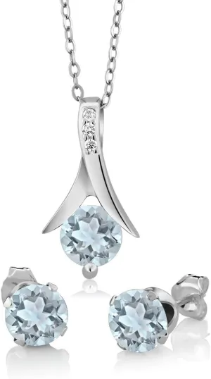 Gem Stone King 925 Sterling Silver Aquamarine Pendant and Earrings Jewelry Set For Women (2.25 Cttw, Round Gemstone Birthstone, with 18 Inch Silver Chain)