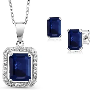 Gem Stone King 925 Sterling Silver Blue Sapphire Pendant and Earrings Jewelry Set For Women (4.04 Cttw, Emerald Cut 9X7MM and 6X4MM, Gemstone September Birthstone, with 18 Inch Chain)