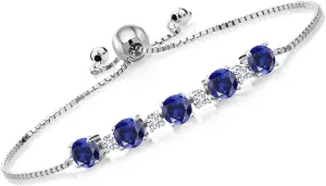 Gem Stone King 925 Sterling Silver Gemstone Birthstone and Lab Grown Diamond Tennis Bracelet for Women | Round 5MM and 2.5MM | Adjustable Bolo Design | Easy-On Easy-Off | Fully Adjustable Up to 9 Inch