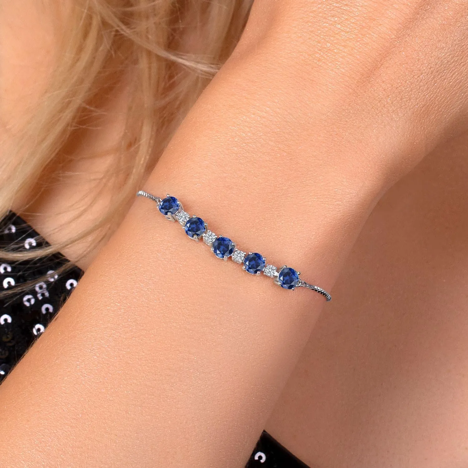 Gem Stone King 925 Sterling Silver Gemstone Birthstone and Lab Grown Diamond Tennis Bracelet for Women | Round 5MM and 2.5MM | Adjustable Bolo Design | Easy-On Easy-Off | Fully Adjustable Up to 9 Inch