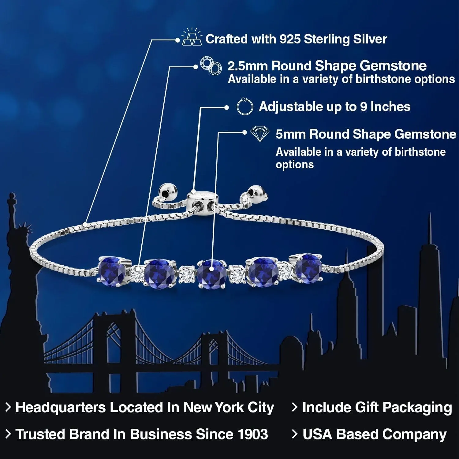 Gem Stone King 925 Sterling Silver Gemstone Birthstone and Lab Grown Diamond Tennis Bracelet for Women | Round 5MM and 2.5MM | Adjustable Bolo Design | Easy-On Easy-Off | Fully Adjustable Up to 9 Inch
