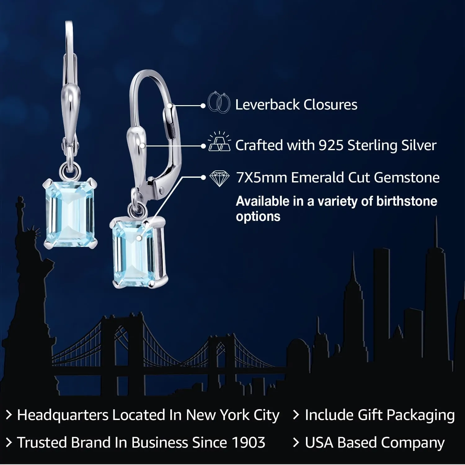 Gem Stone King Drop Dangle Leverback Earrings for Women | 925 Sterling Silver | Gemstone Birthstone | 7X5MM Emerald Cut | Fine Jewelry Gifts for Her Mom Women Wife
