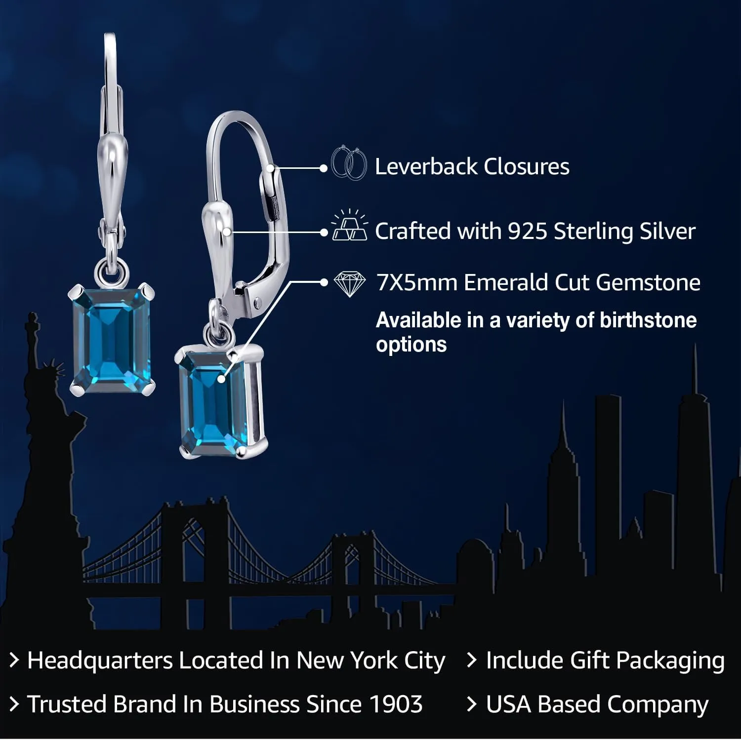Gem Stone King Drop Dangle Leverback Earrings for Women | 925 Sterling Silver | Gemstone Birthstone | 7X5MM Emerald Cut | Fine Jewelry Gifts for Her Mom Women Wife