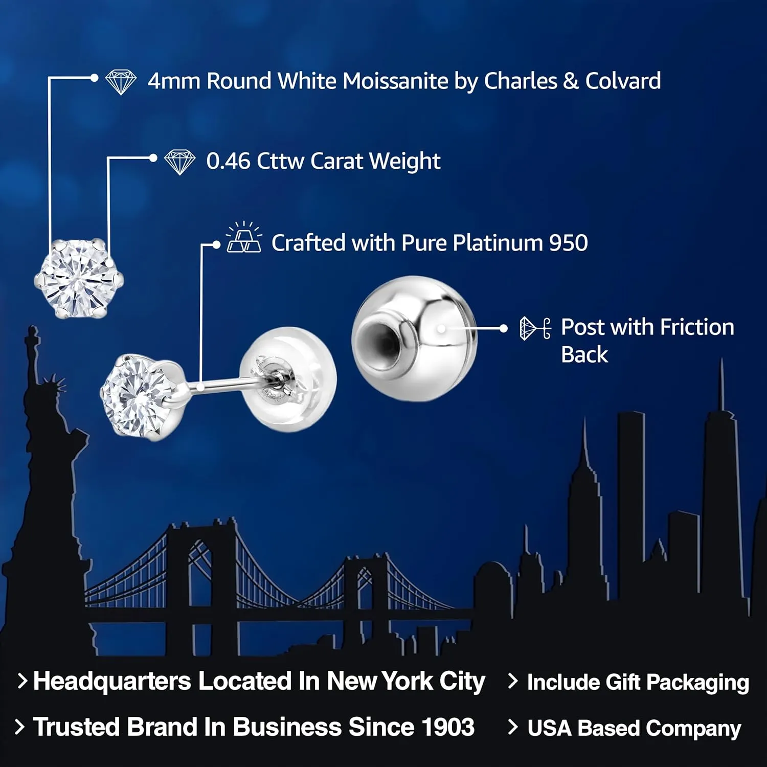 Gem Stone King Pure PT900 Platinum 900 Six Prong 4MM Round Gemstone Birthstone Stud Earrings For Women Men