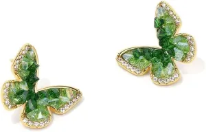 Generic Green Crystal Butterfly Stud Earrings, 18K Gold Plated, Sterling Silver Pin