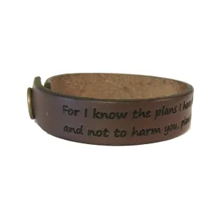 Genuine Cowhide Leather Engraved Scripture Verse Bracelets Jeremiah 29:11 - For I know the Plans I have for you | Choose your color