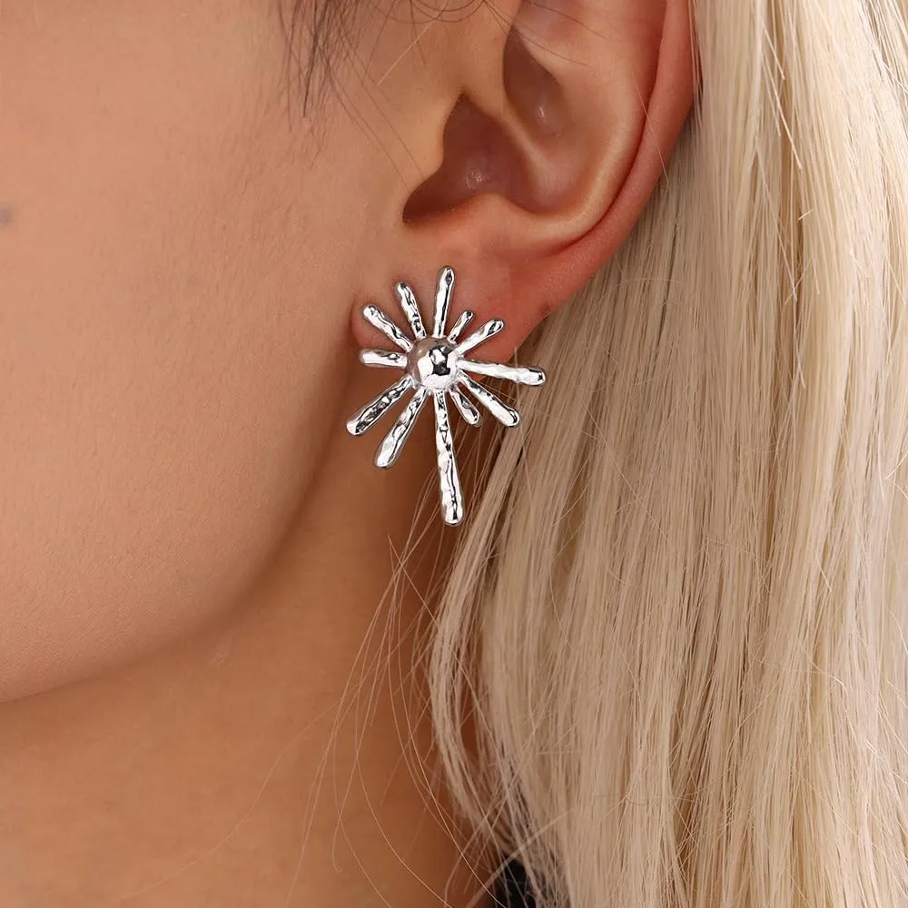 Geometric Sun Stud Earrings for Women Minimalist Stainless Steel Dangle Stud Earrings Sunburst Exaggerate Statement Stud Earrings Dainty Jewelry