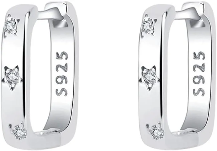 Geometry Square Small Hoop Earrings for Women S925 Sterling Silver Minimalist Cartilage Earrings Rhinestone Star Huggie Hoops Earrings Hypoallergenic Ear Jewelry