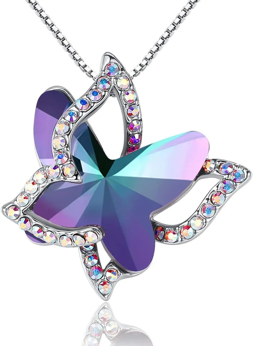 Gift Butterfly Birthstone Crystal Necklace, Silver Tone with 18 2 Chain, Necklace for Mothers Day Anniversary Birthday Gifts for Women and Daughter