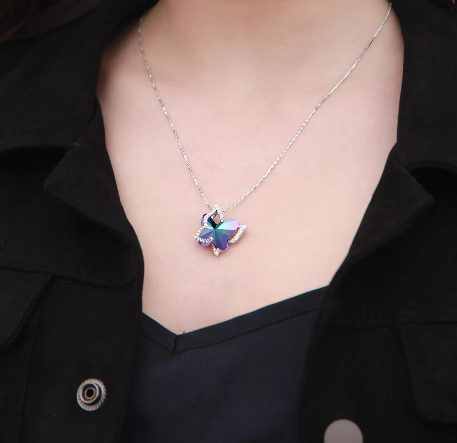 Gift Butterfly Birthstone Crystal Necklace, Silver Tone with 18 2 Chain, Necklace for Mothers Day Anniversary Birthday Gifts for Women and Daughter