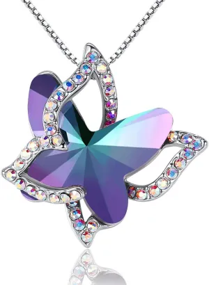 Gift Butterfly Birthstone Crystal Necklace, Silver Tone with 18 2 Chain, Necklace for Mothers Day Anniversary Birthday Gifts for Women and Daughter