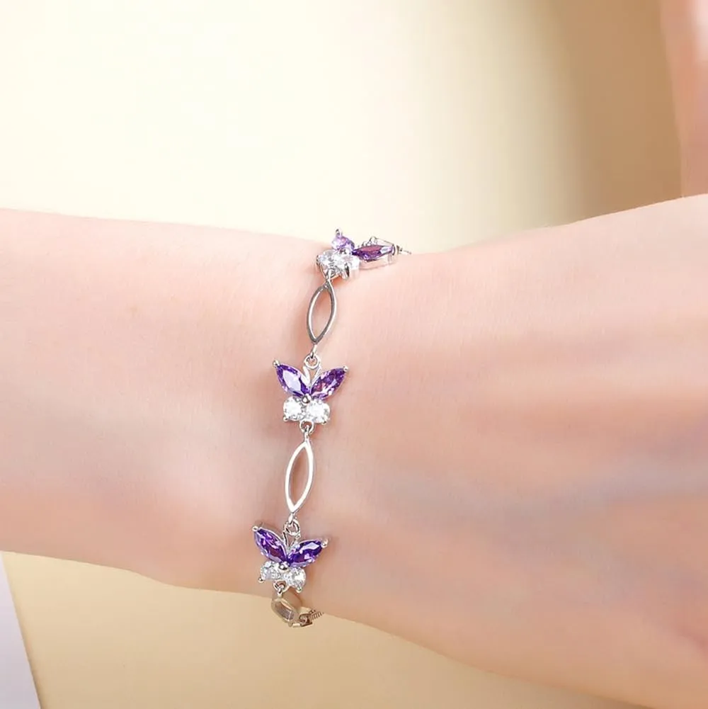 Gifts for Women S925 Sterling Silver Purple Butterfly Bracelet,Adjustable Charm Bracelets Jewelry Present for Women,Anniversary Holiday Christmas Birthday Gifts for Mother Wife Daughter