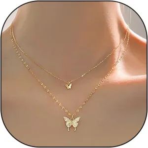 GIGB PBDK Gold Layered Butterfly Pendant Necklace for Women,Silver Adjustable Crystal Choker Necklace,Sparkling Rhinestone Jewelry Gifts for Wedding Party