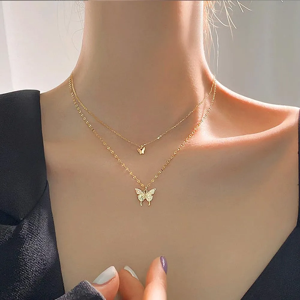 GIGB PBDK Gold Layered Butterfly Pendant Necklace for Women,Silver Adjustable Crystal Choker Necklace,Sparkling Rhinestone Jewelry Gifts for Wedding Party