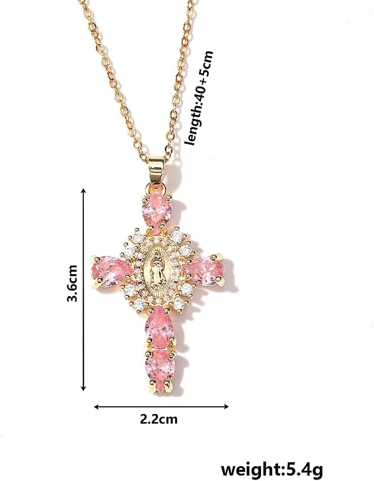 GIGB PBDK Gold Plated Rhinestone Cross Necklace for Women,Sparkling Miraculous Medal Crucifix Pendant Thin Chain Necklace,Sweet Catholic Baptism Jewelry Gifts