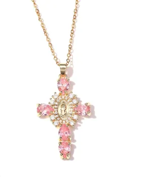GIGB PBDK Gold Plated Rhinestone Cross Necklace for Women,Sparkling Miraculous Medal Crucifix Pendant Thin Chain Necklace,Sweet Catholic Baptism Jewelry Gifts