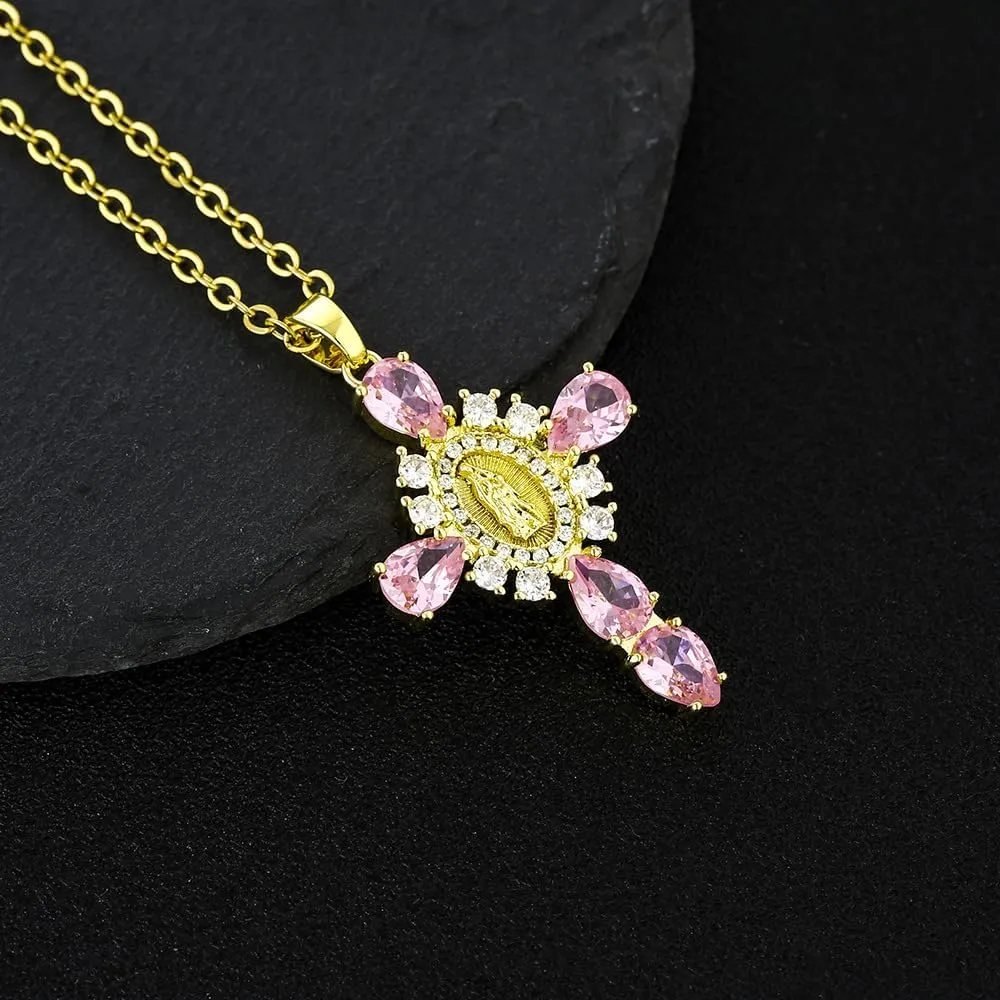 GIGB PBDK Gold Plated Rhinestone Cross Necklace for Women,Sparkling Miraculous Medal Crucifix Pendant Thin Chain Necklace,Sweet Catholic Baptism Jewelry Gifts