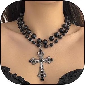 GIGB PBDK Gothic Layered Cross Necklace for Women Lover,Sparkling Crystal Crucifix Pendant Black Beaded Choker Necklace,Y2k Halloween Christmas Jewelry Gift