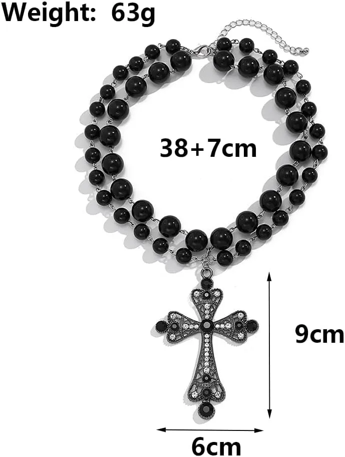 GIGB PBDK Gothic Layered Cross Necklace for Women Lover,Sparkling Crystal Crucifix Pendant Black Beaded Choker Necklace,Y2k Halloween Christmas Jewelry Gift