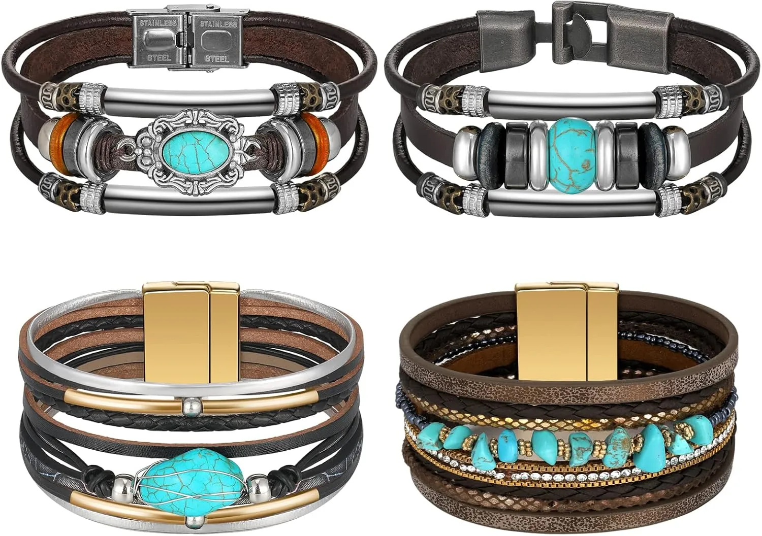 Glenmal 4 Pcs Turquoise Bracelet for Women Boho Cuff Leather Bracelet Western Jewelry Gifts Native American Jewelry Silver Cuff Bangle Multilayer Layer Wristband for Women