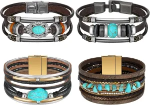 Glenmal 4 Pcs Turquoise Bracelet for Women Boho Cuff Leather Bracelet Western Jewelry Gifts Native American Jewelry Silver Cuff Bangle Multilayer Layer Wristband for Women