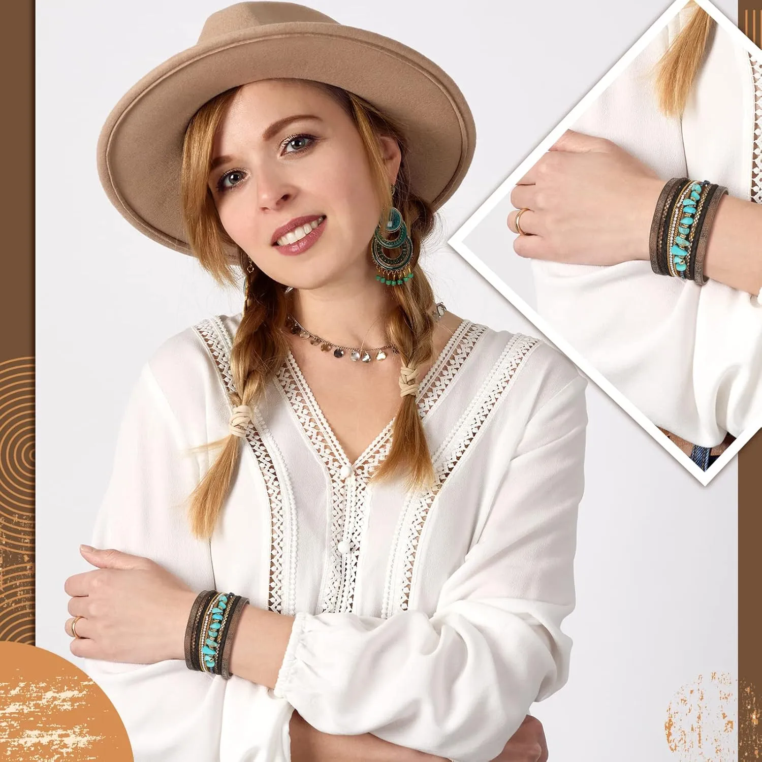 Glenmal 4 Pcs Turquoise Bracelet for Women Boho Cuff Leather Bracelet Western Jewelry Gifts Native American Jewelry Silver Cuff Bangle Multilayer Layer Wristband for Women