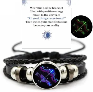 Gleym Bracelet, Zodiac Signs Spirit Bracelet, Multilayer Adjustable 12 Constellation Zodiac PU Leather Bracelet, Gleym Manifestation Bracelet Jewelry Gifts for Women and Man