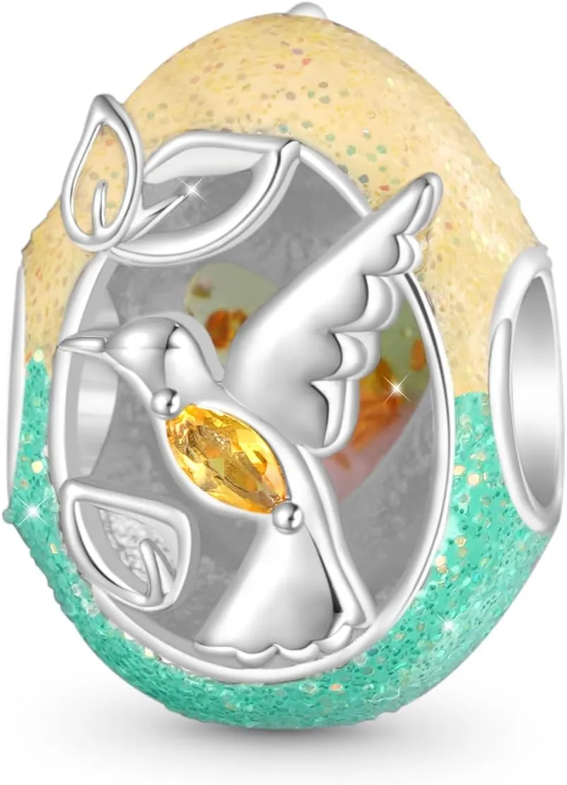 GNOCE Easter Egg Hummingbird Glow-in-the-Dark Charm for Bracelet, 925 Sterling Silver Animal Bead Charm for Women Fit Bracelets