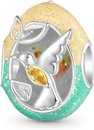 GNOCE Easter Egg Hummingbird Glow-in-the-Dark Charm for Bracelet, 925 Sterling Silver Animal Bead Charm for Women Fit Bracelets