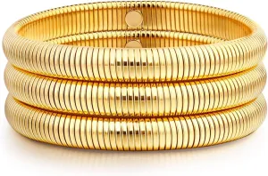 Gold Bangle Bracelets For Women Non Tarnish 14k Gold Plated Stackable Chunky Gold Bracelet Set Stretch Trendy Elastic Snake Chain Bracelet